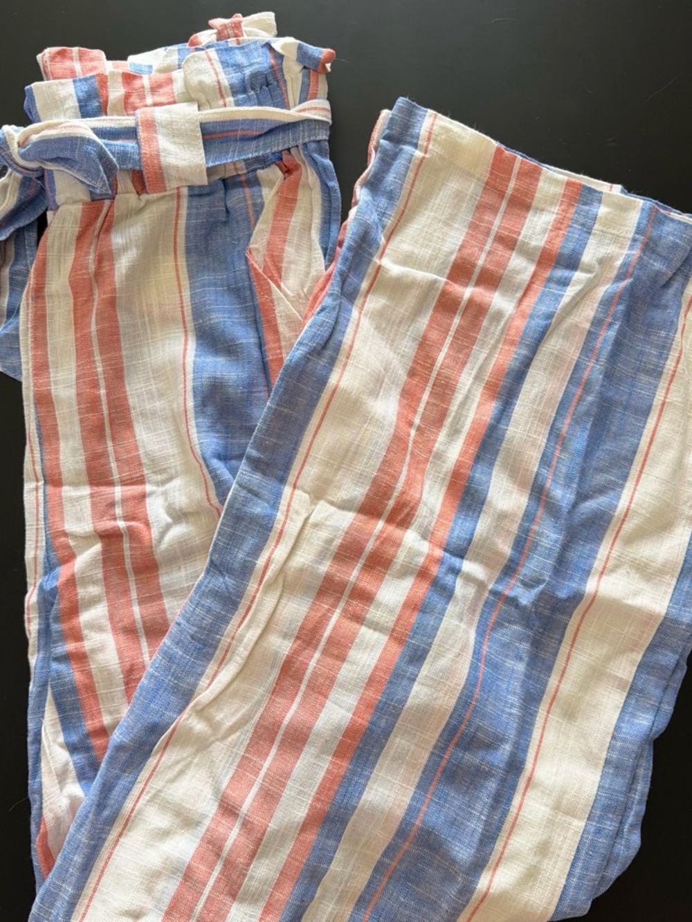 Wide Leg Striped Paperbag Waist Pants - Blue & Coral